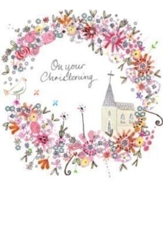 Christening Card Church in Flower Circle by Paper Rose. This quality Christening card is designed under the Daisy Patch label at Paper Rose and depicts a church in a flower circle with a dove and has hot foil stamp detailing. Congratulations on your very special day on the inside. Comes with a lilac envelope. Size 17x12cm